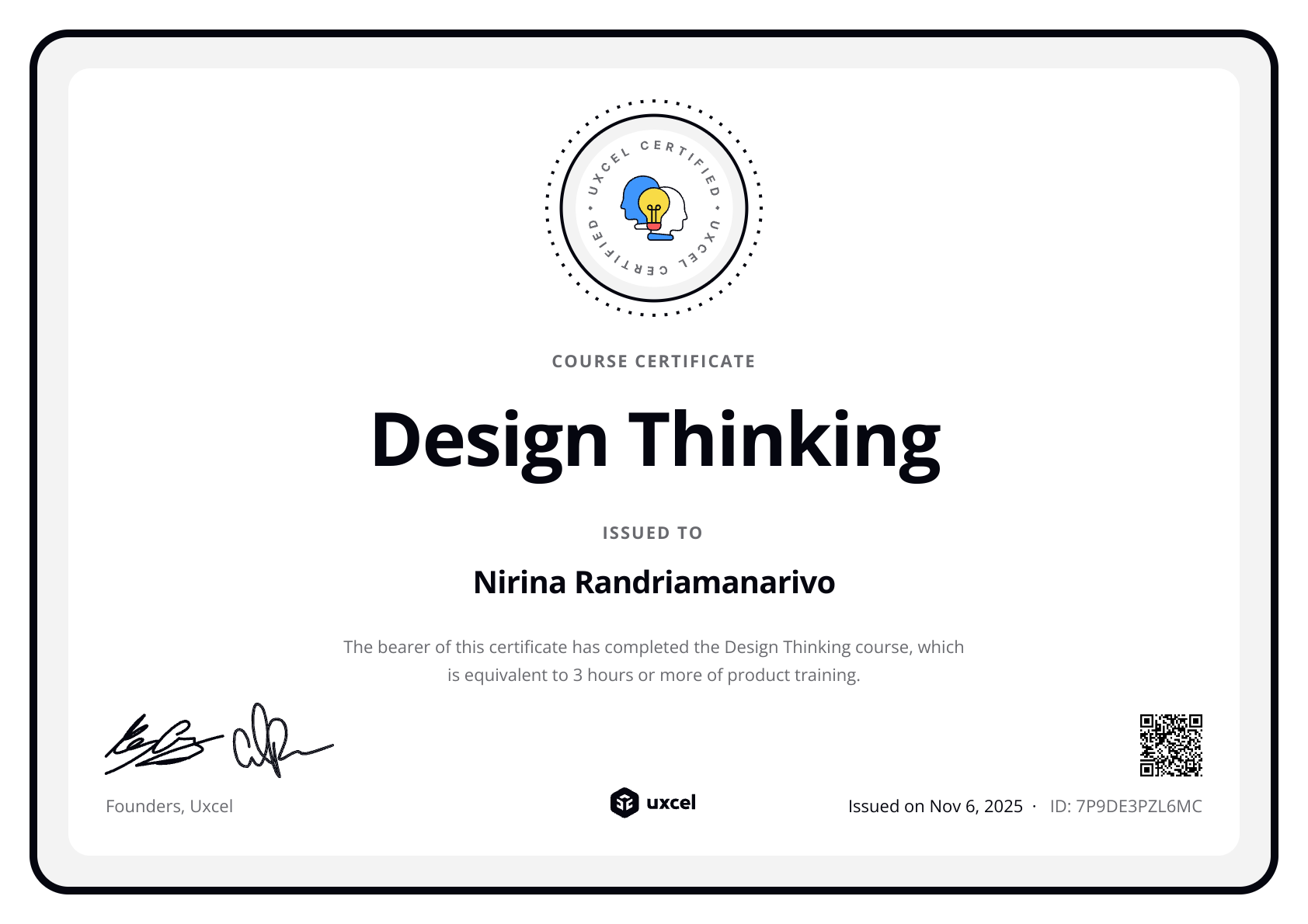 Nirina's certificate